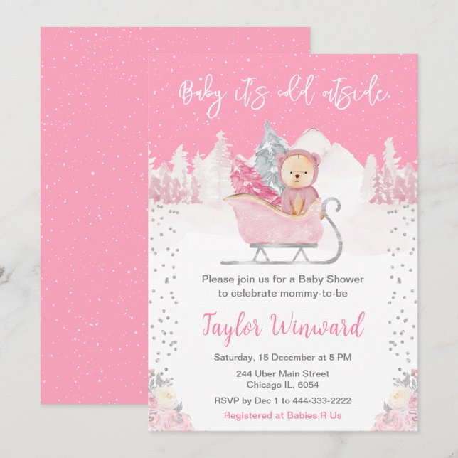 Winter Bear Pink Sleigh Baby Shower Invitation (Front/Back)