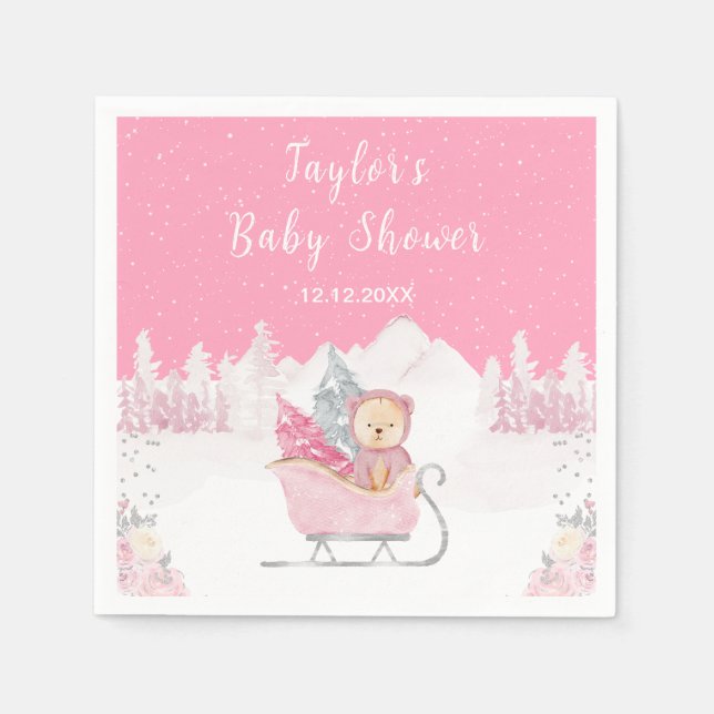 Winter Bear Pink Sleigh Baby Shower Napkin (Front)