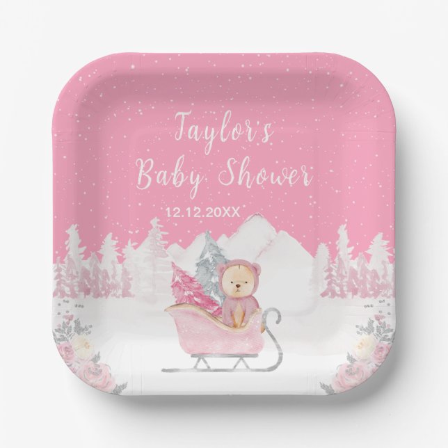 Winter Bear Pink Sleigh Baby Shower Paper Plate (Front)