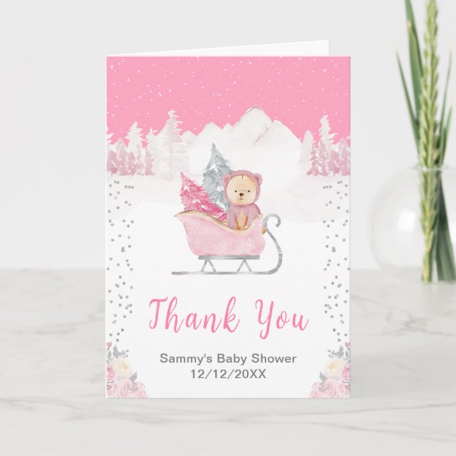 Winter Bear Pink Sleigh Baby Shower Thank You (Front)