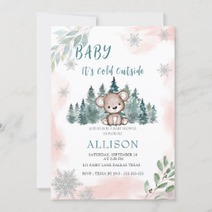 Winter Bear Snowflakes Pink Baby Shower Invitation