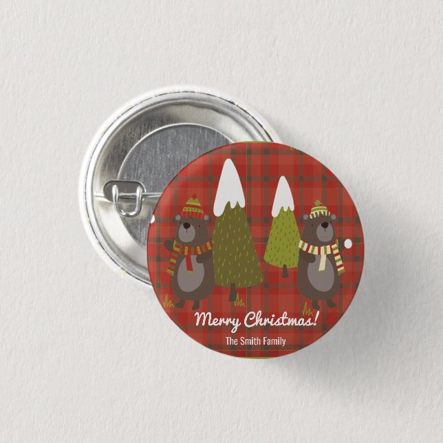 Winter Bear White Christmas Red Buffalo Plaid   1 Inch Round Button (Front & Back)