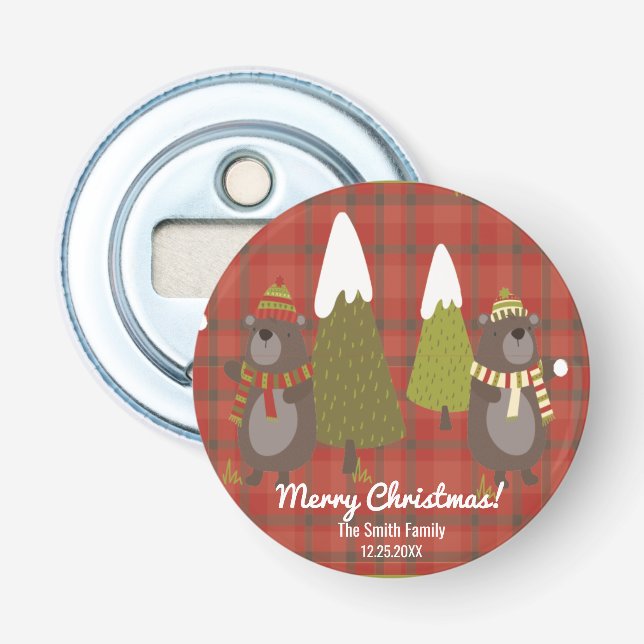 Winter Bear White Christmas Red Buffalo Plaid  Bottle Opener (Front)