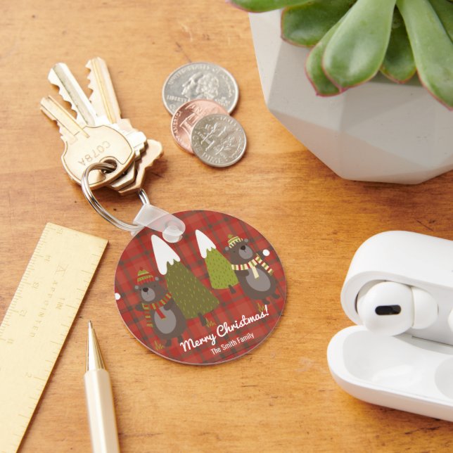 Winter Bear White Christmas Red Buffalo Plaid Keychain (Desk)
