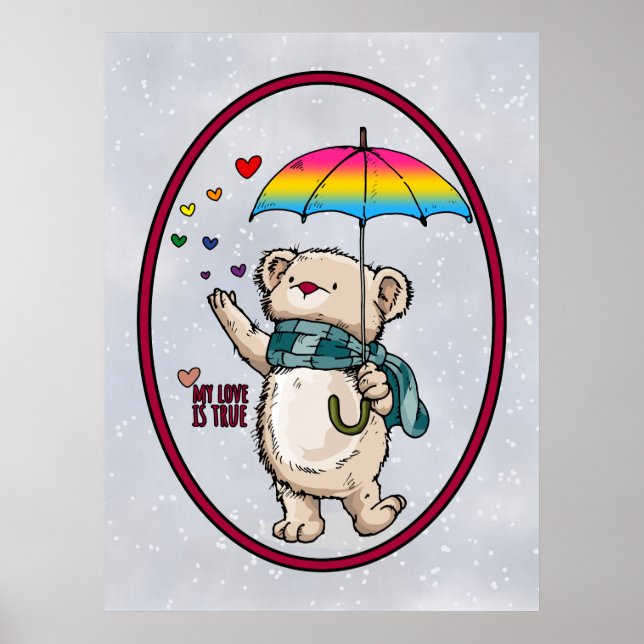 Winter Bear With Umbrella In Pansexual Flag Colour Poster (Front)