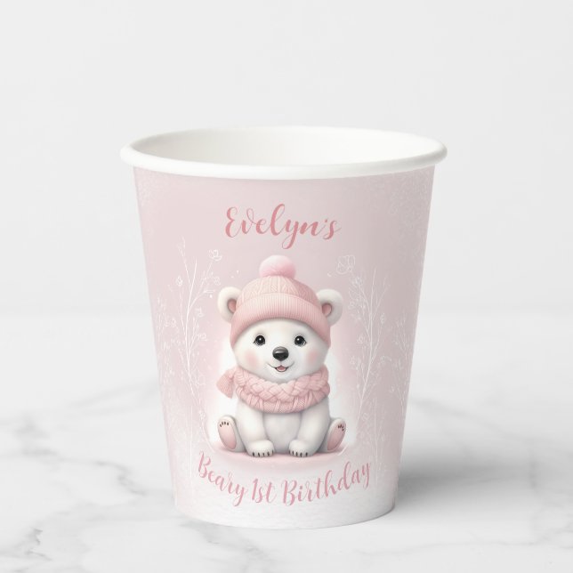 Winter Beary 1st Birthday Pink Polar Bear Paper Cups (Front)