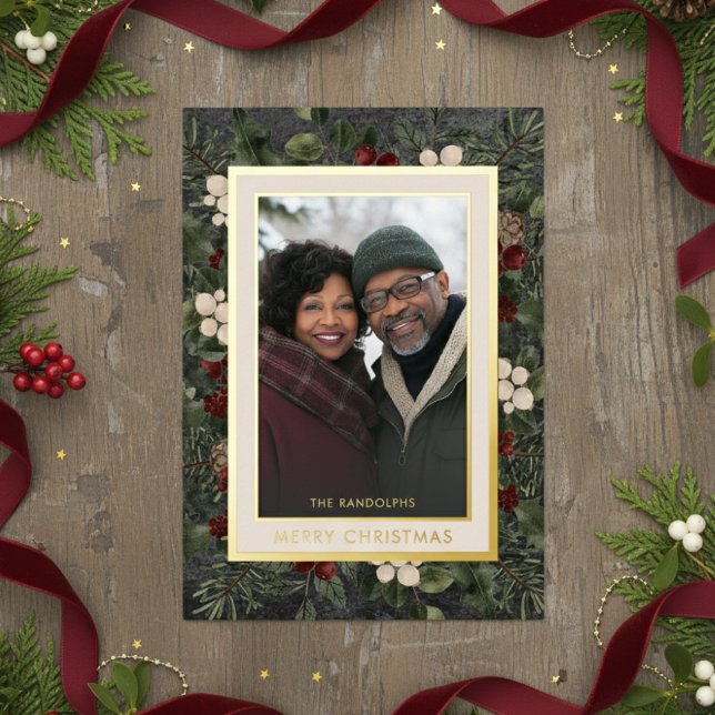 Winter Berries Black Merry Christmas Photo Foil Holiday Card (Creator Uploaded)