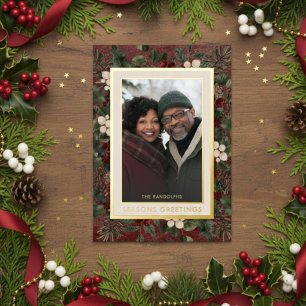 Winter Berries Burgundy Seasons Greetings Photo Foil Holiday Card