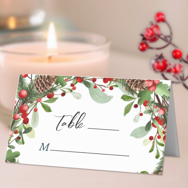 Winter Berries Christmas Wedding Table Escort Place Card (Creator Uploaded)