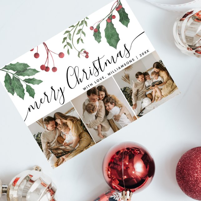 Winter Berries Elegant Script 3Photo Christmas Holiday Postcard (Creator Uploaded)
