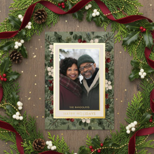 Winter Berries Green Happy Holidays Photo Foil Holiday Card