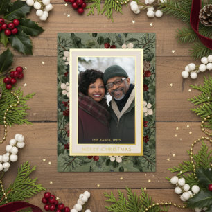 Winter Berries Green Merry Christmas Photo Foil Holiday Card