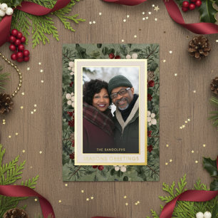 Winter Berries Green Seasons Greetings Photo Foil Holiday Card