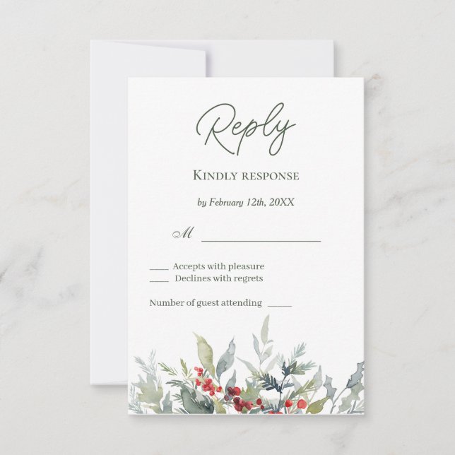Winter Berries Greenery Foliage Reply RSVP Card (Front)