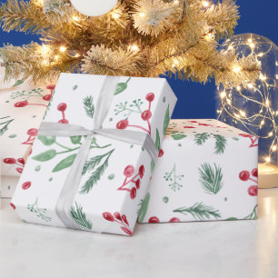 Winter Berries Greenery Watercolor Holiday Wrapping Paper