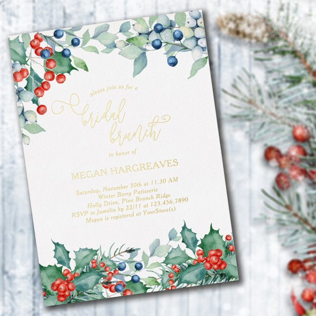 Winter Berries Holly Watercolor Bridal Brunch Gold (Creator Uploaded)