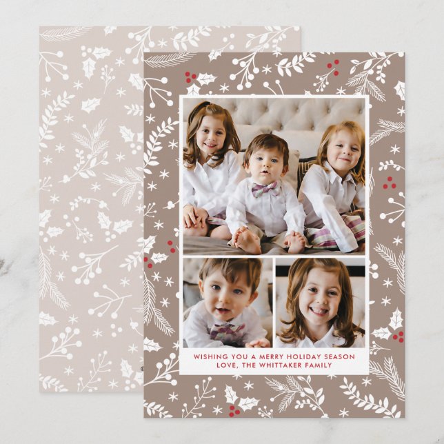 Winter Berries in Ecru Christmas Holiday Flat Card (Front/Back)