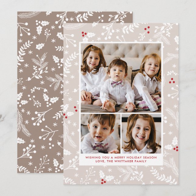 Winter Berries in Ecru Christmas Holiday Flat Card (Front/Back)