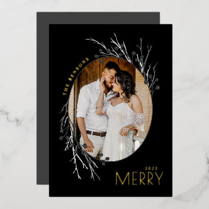 Winter Berries Merry Branches Grey Black Real Foil Holiday Card