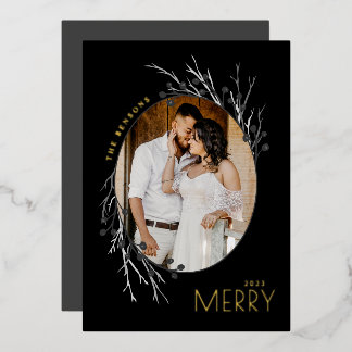 Winter Berries Merry Branches Grey Black Real Foil Holiday Card
