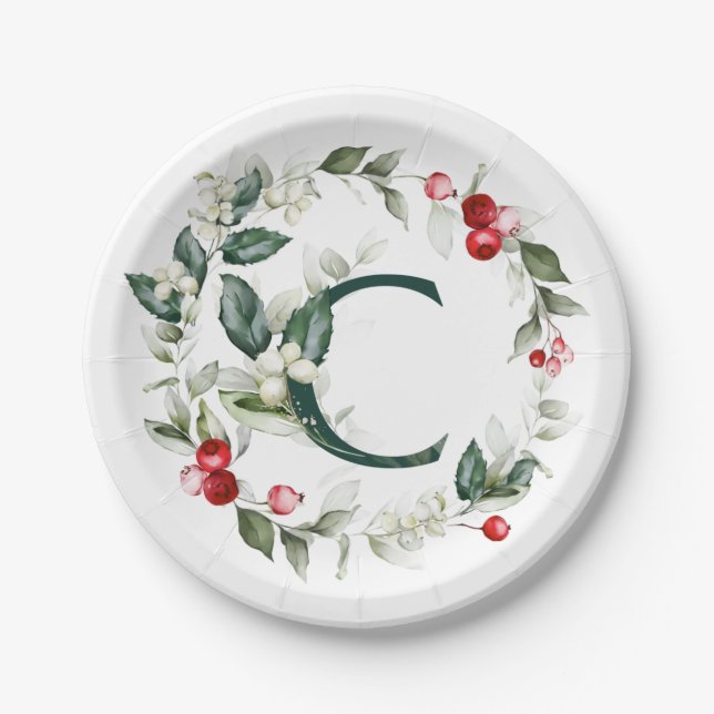 Winter Berries Monogram C  Paper Plate (Front)