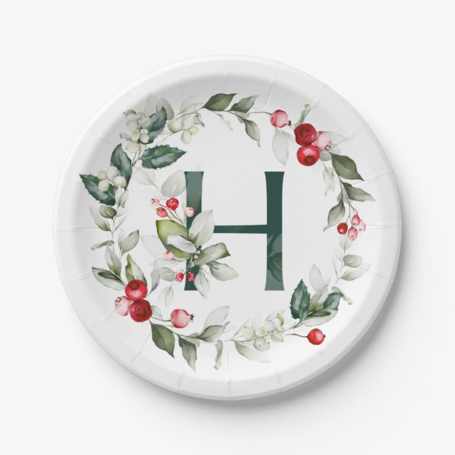 Winter Berries Monogram H  Paper Plate (Front)