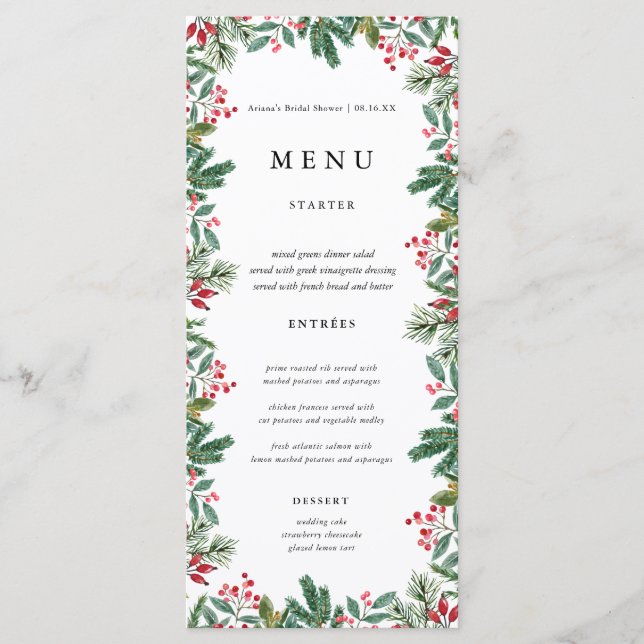 Winter Berries Pine Cone Greenery Wedding Menu (Front)