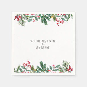 Winter Berries Pine Cone Greenery Wedding Napkin