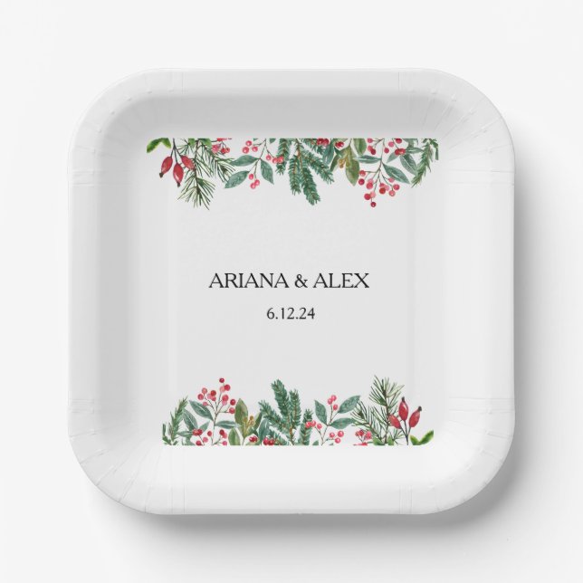 Winter Berries Pine Cone Greenery Wedding Paper Plate (Front)