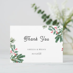 Winter Berries Pine Cone Greenery Wedding Thank You Card