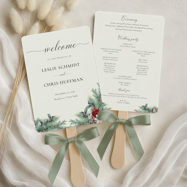 Winter Berries & Pine Greenery Wedding Program Hand Fan (Creator Uploaded)