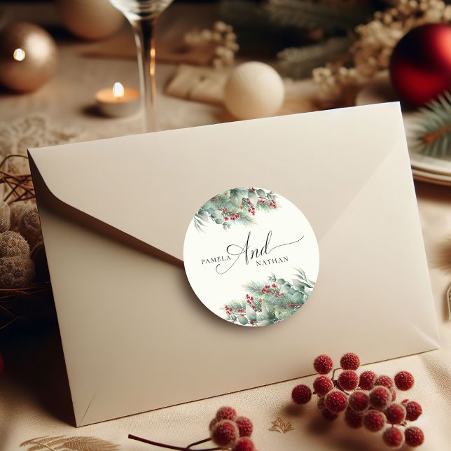 Winter Berries & Pine Watercolor Greenery Wedding  Classic Round Sticker (Creator Uploaded)