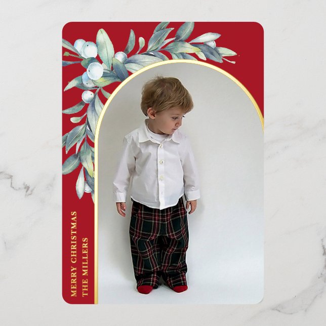 Winter Berries Red Arched Photo Foil Holiday Card (Front)