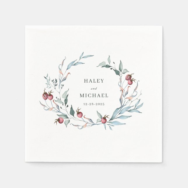 Winter Berries Rustic Botanical Wreath Wedding Napkin (Front)