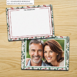 Winter Berries Sage Checkered Photo Note Card