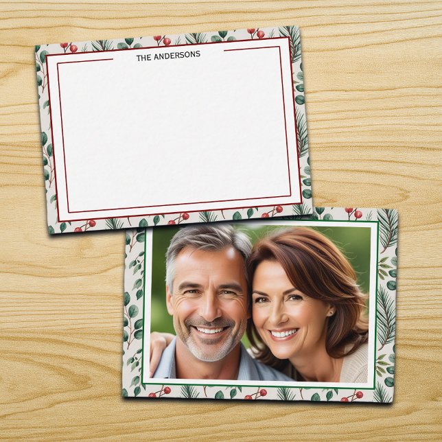 Winter Berries Sage Checkered Photo Note Card (Creator Uploaded)