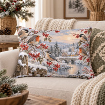 Winter Berries Snowy Village Birds Illustration