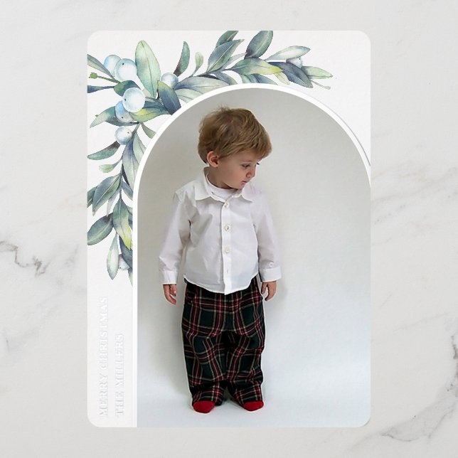 Winter Berries White Arched Photo Foil Holiday Card (Front)