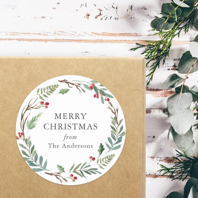 Winter Berries Wreath Christmas Gift Classic Round Sticker (Creator Uploaded)