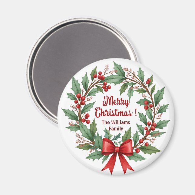 Winter Berries Wreath Red Bow Favour Magnet (Front/Back)
