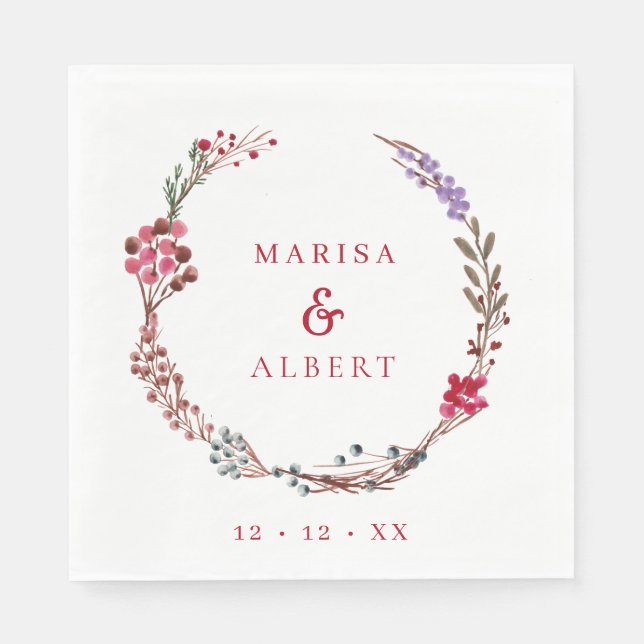 Winter Berries Wreath Wedding Napkin (Front)