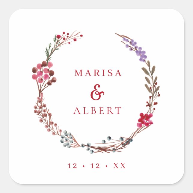 Winter Berries Wreath Wedding  Square Sticker (Front)