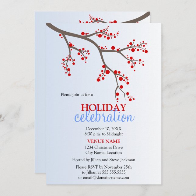 Winter Berry Branch Christmas Holiday Party Invitation (Front/Back)