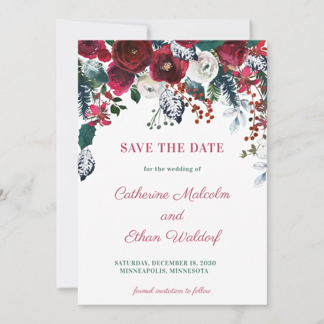 Winter Berry Floral Photo Flat Save The Date Card (Front)