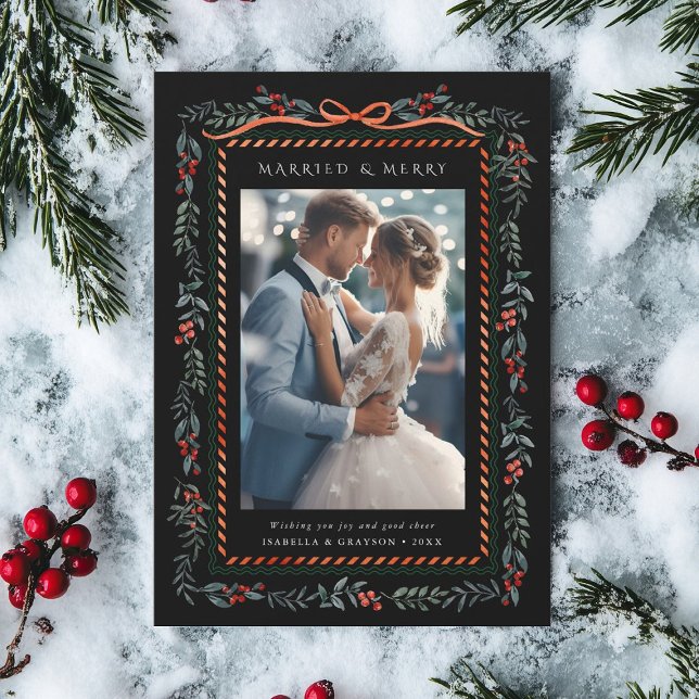 Winter Berry Frame Married & Merry Photo Black Holiday Card (Creator Uploaded)