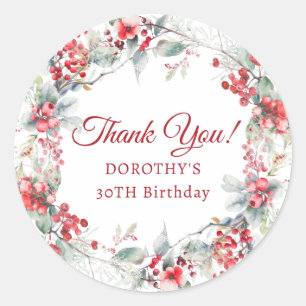 Winter Berry Wreath 30th Birthday Thank You Favour Classic Round Sticker