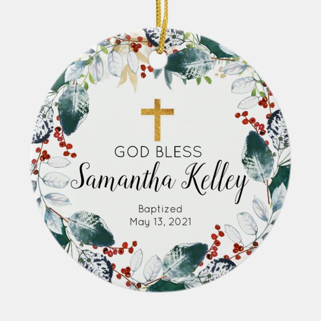 Winter Berry Wreath Personalized Girl Baptism  Ceramic Ornament (Front)