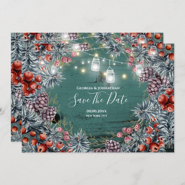 Winter berry wreath string lights Christmas shine Save The Date (Front/Back)
