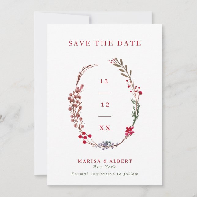 Winter Berry Wreath Wedding Photo Save The Date (Front)