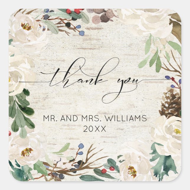 Winter Birch Calligraphy Floral Wedding Thank You Square Sticker (Front)